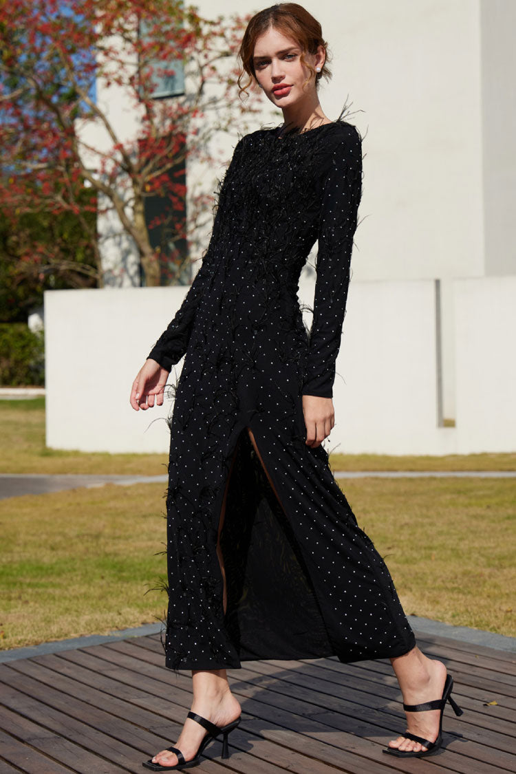 Rhinestone Faux Feather Trim Split Evening Maxi Dress - Black