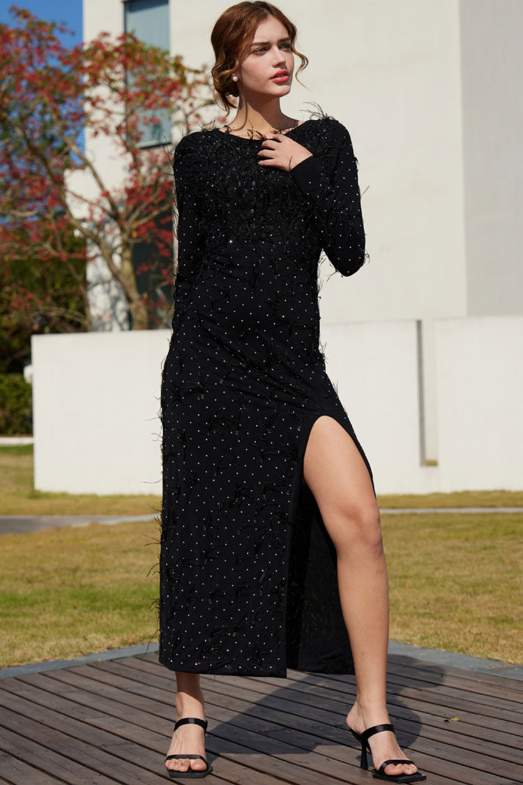 Luxury Rhinestone Faux Feather Trim Split Mesh Evening Maxi Dress - Black Fashionpara