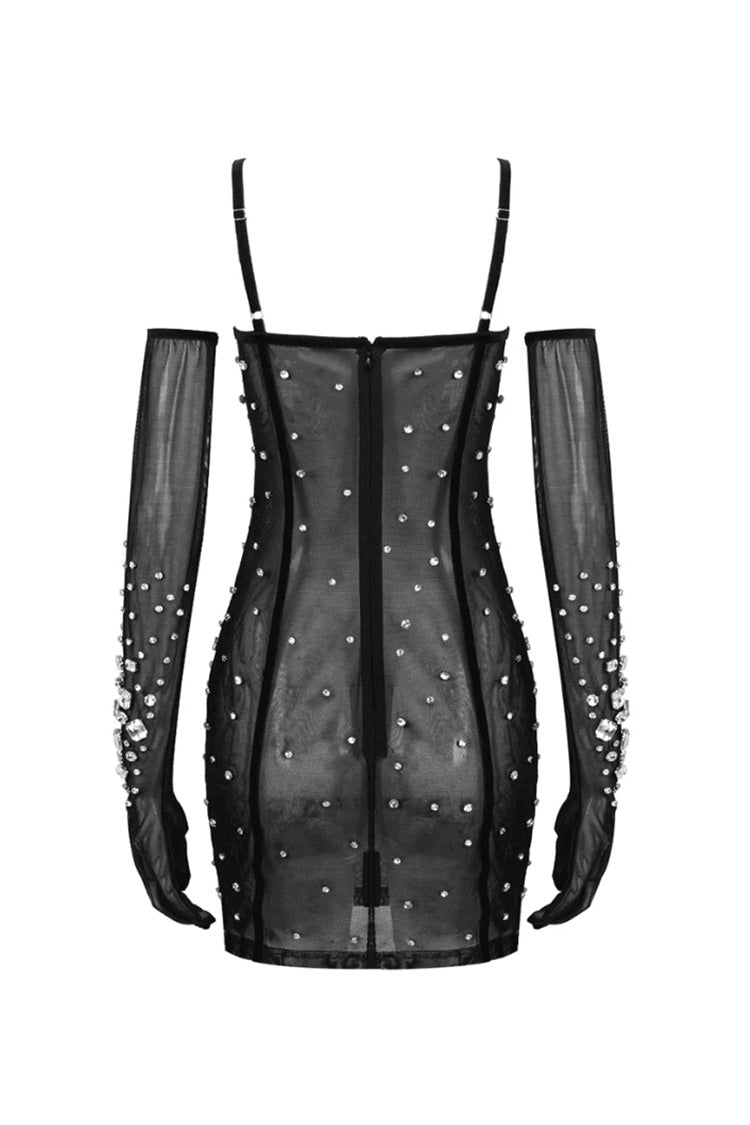 Luxury Rhinestone Glove Cami Bustier Sheer Mesh Party Micro Mini Dress - Fashionpara