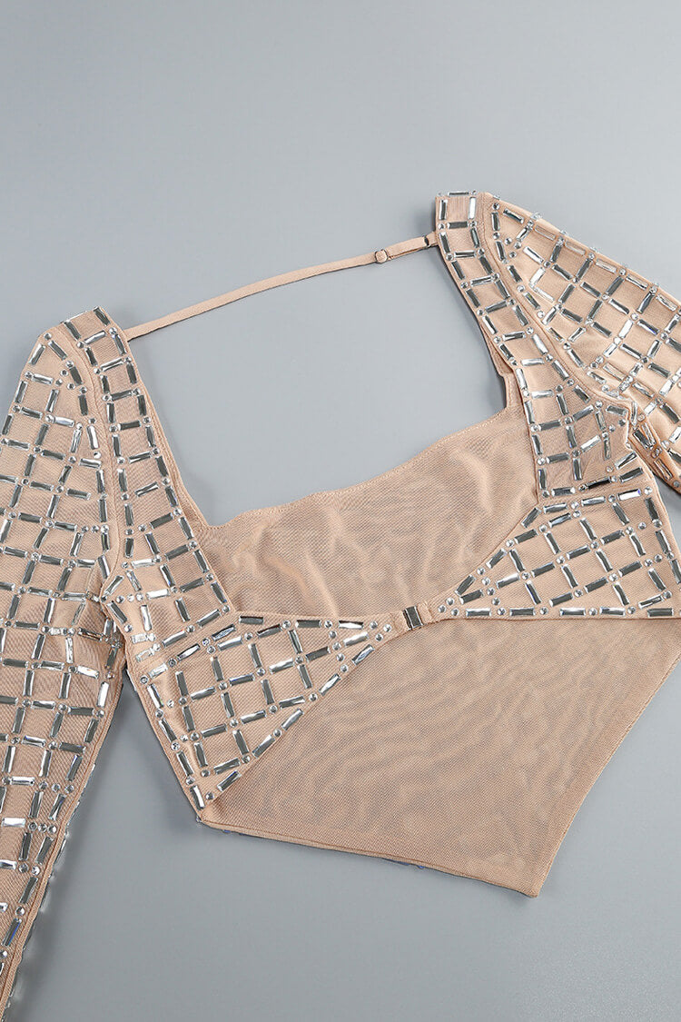 Luxury Rhinestone Mesh Crop Top Bodycon Skirt Two Piece Mini Dress