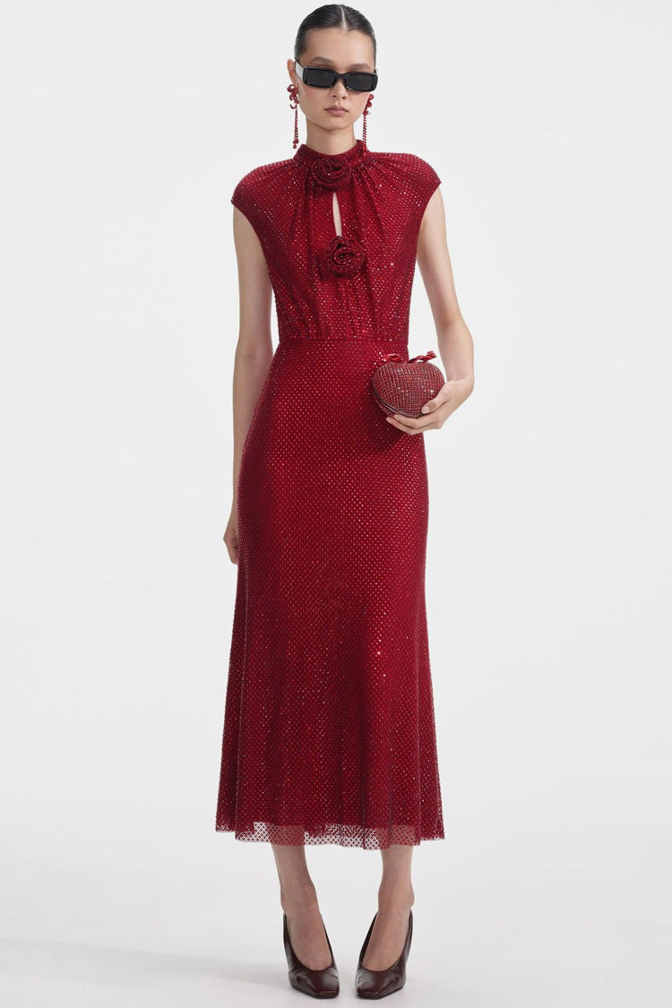 Luxury Rhinestone Rosette Mock Neck Fishnet Cocktail Party Midi Dress