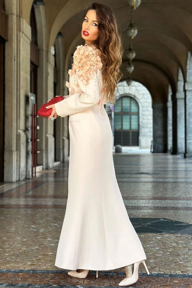 Luxury Rosette Trim Lapel Single Breasted Long Sleeve Blazer Maxi Dress - Fashionpara