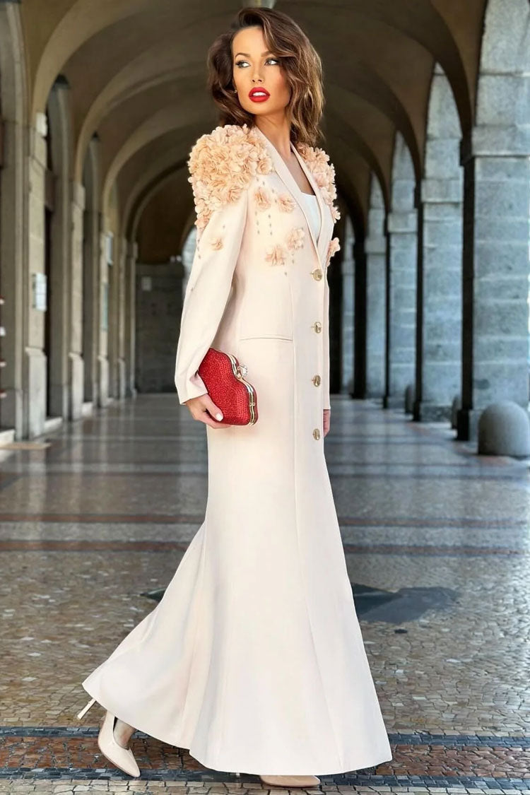 Luxury Rosette Trim Lapel Single Breasted Long Sleeve Blazer Maxi Dress - Fashionpara