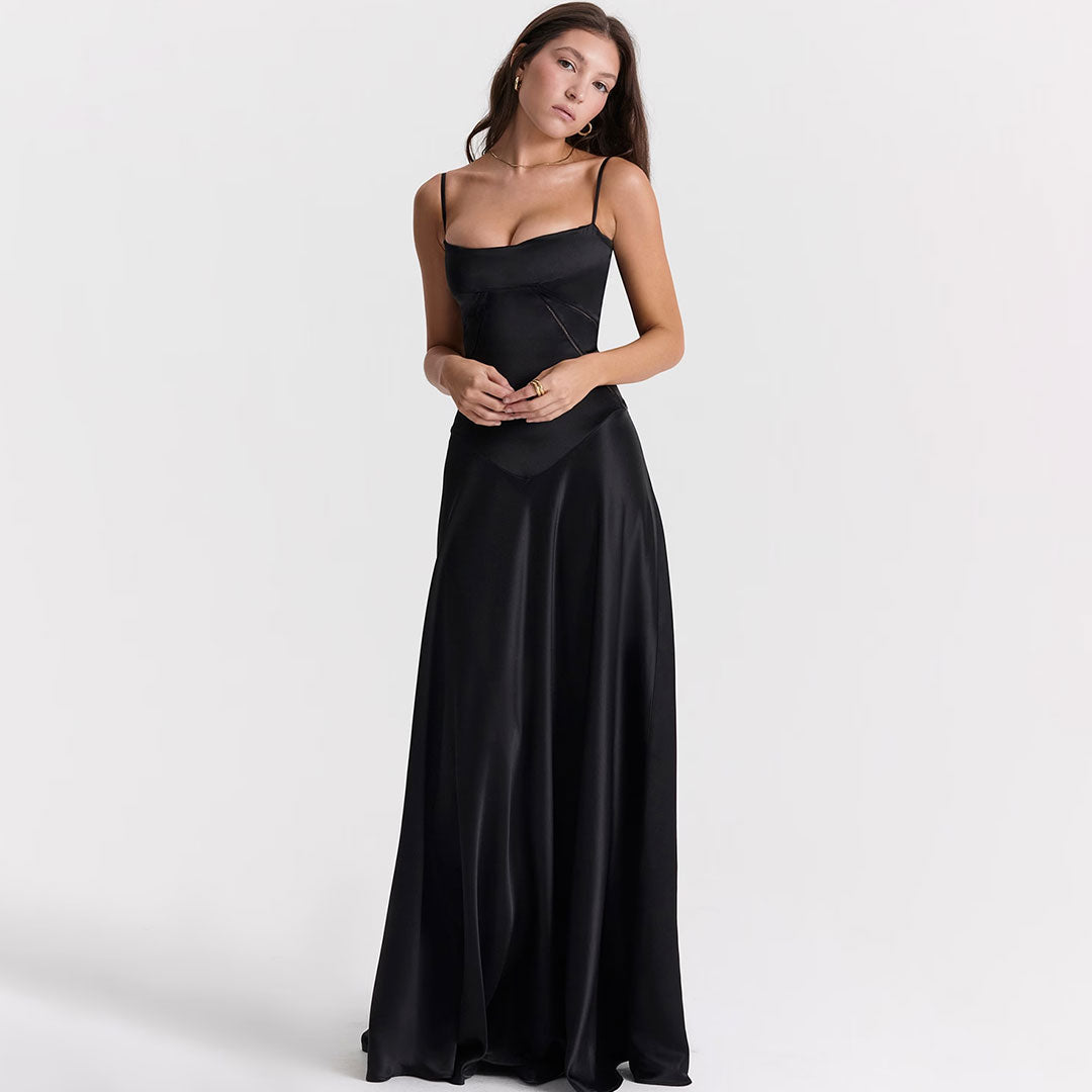Luxury Scoop Neck Lace Up Back Drop Waist Satin Slip Maxi Formal Dress - Fashionpara