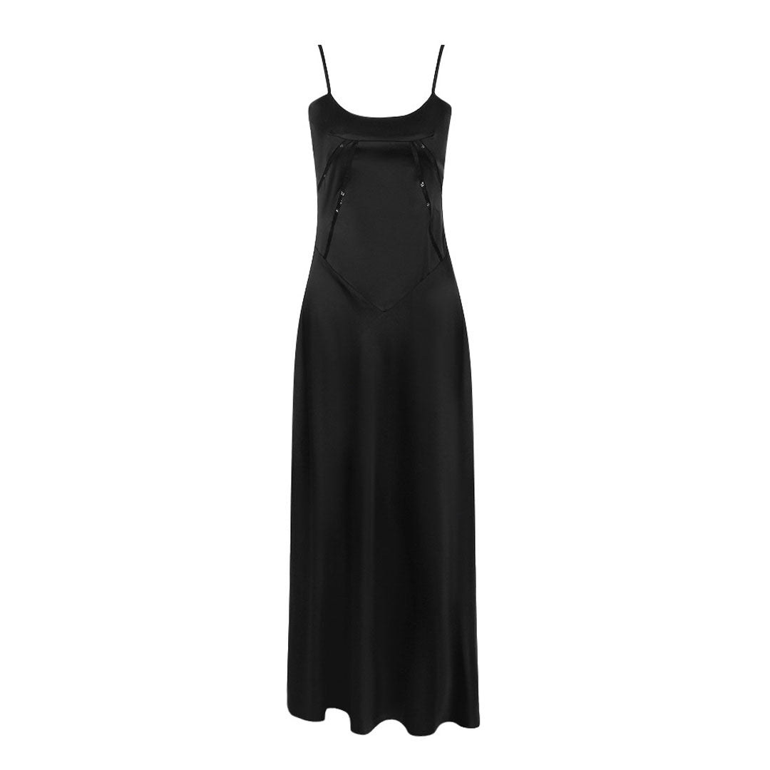 Luxury Scoop Neck Lace Up Back Drop Waist Satin Slip Maxi Formal Dress - Fashionpara