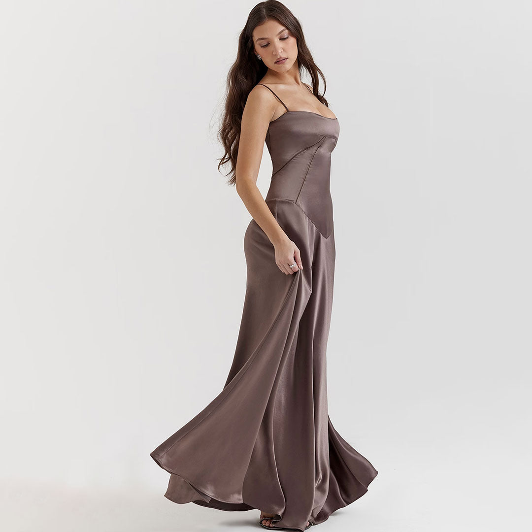 Luxury Scoop Neck Lace Up Back Drop Waist Satin Slip Maxi Formal Dress - Fashionpara