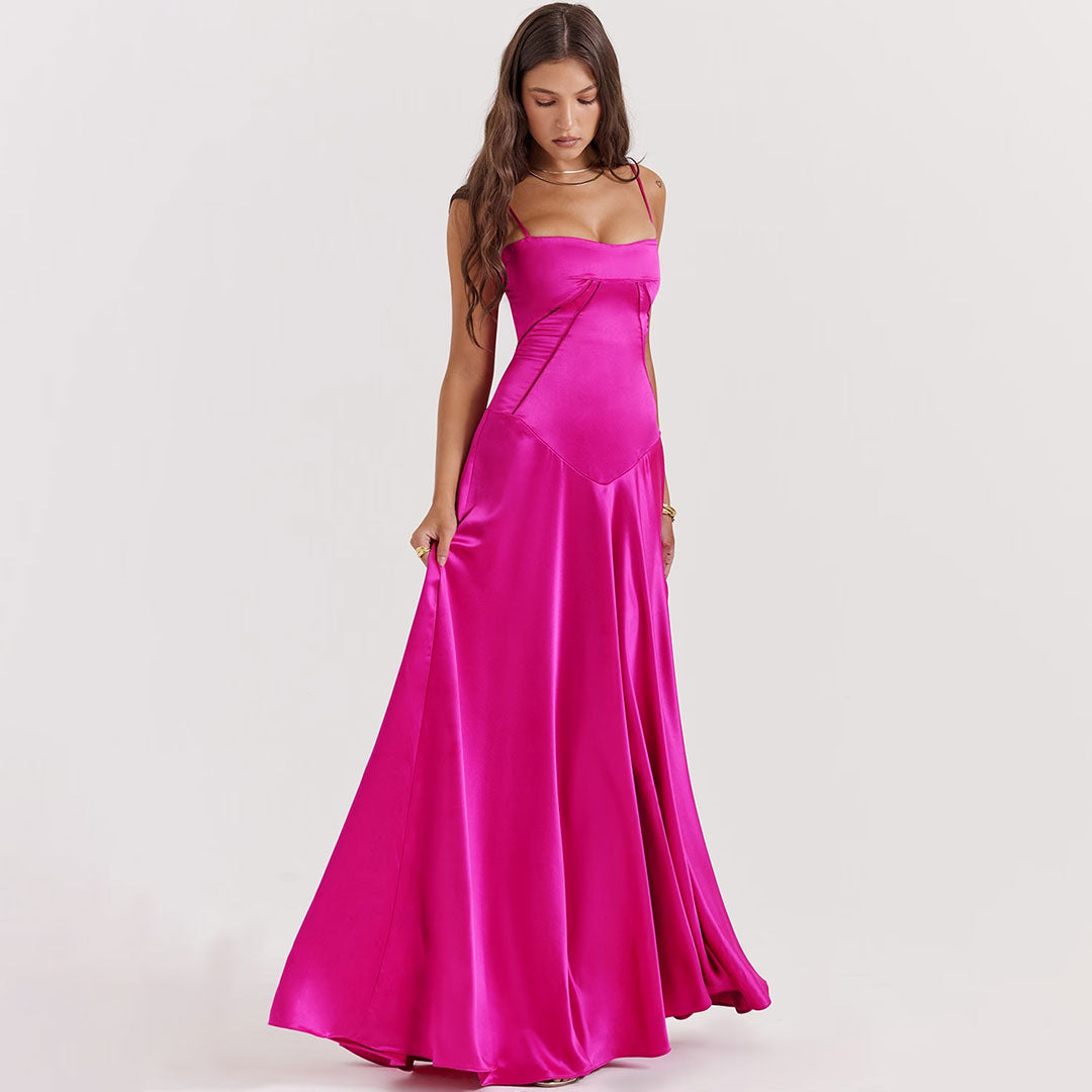 Luxury Scoop Neck Lace Up Back Drop Waist Satin Slip Maxi Formal Dress - Fashionpara