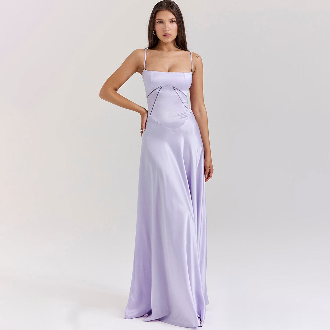 Luxury Scoop Neck Lace Up Back Drop Waist Satin Slip Maxi Formal Dress - Fashionpara