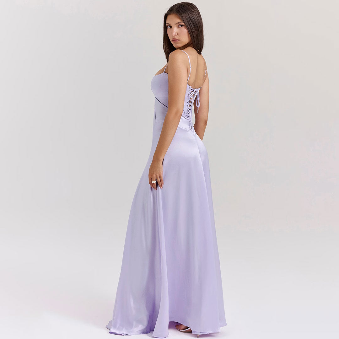 Luxury Scoop Neck Lace Up Back Drop Waist Satin Slip Maxi Formal Dress - Fashionpara