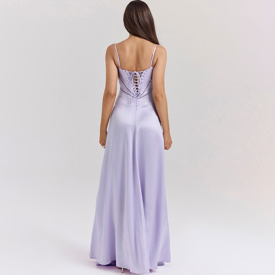 Luxury Scoop Neck Lace Up Back Drop Waist Satin Slip Maxi Formal Dress - Fashionpara