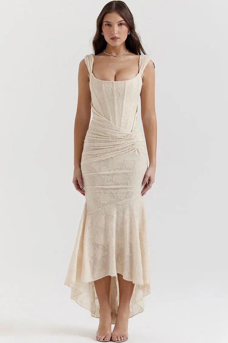 Luxury Textured Floral Ruched Corset Sleeveless Fishtail Evening Dress - Cream - Fashionpara