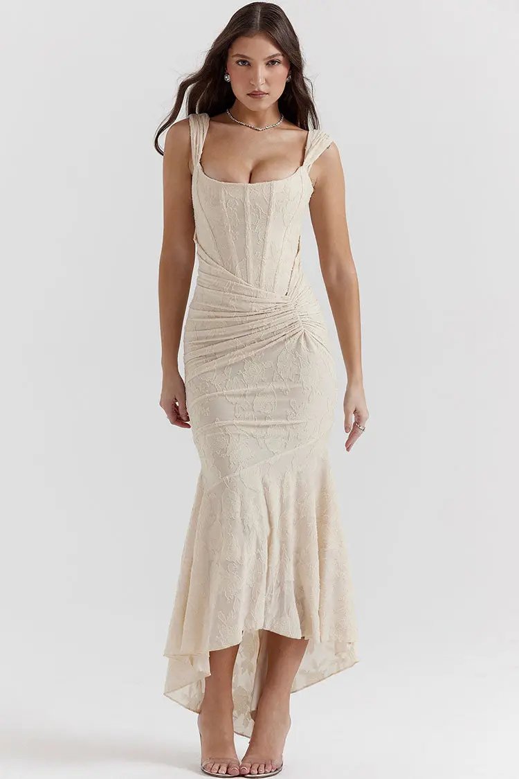 Luxury Textured Floral Ruched Corset Sleeveless Fishtail Evening Dress - Cream - Fashionpara