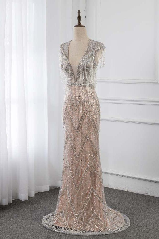 Luxury V-Neck Silver Mermaid Prom Dresses with Crystals On Sale - Fashionpara