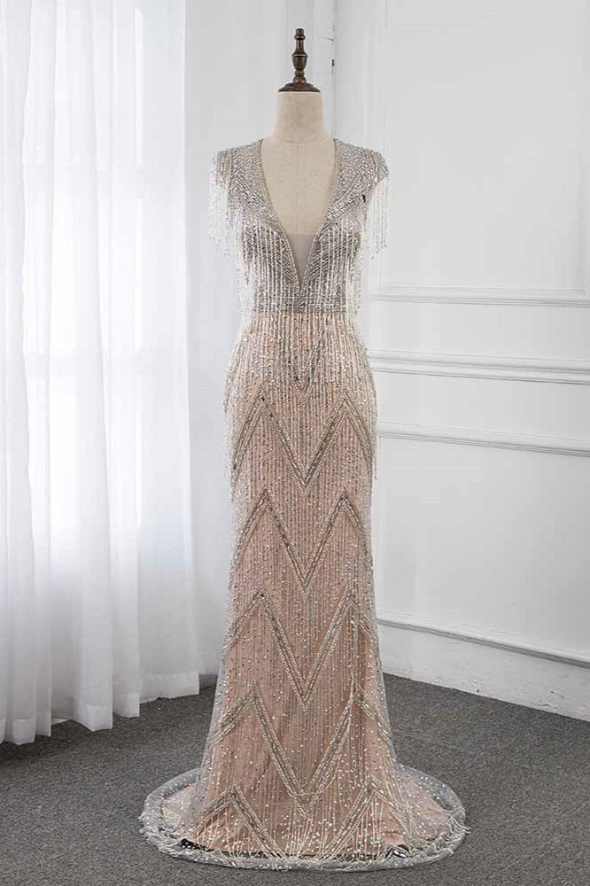 Luxury V-Neck Silver Mermaid Prom Dresses with Crystals On Sale - Fashionpara
