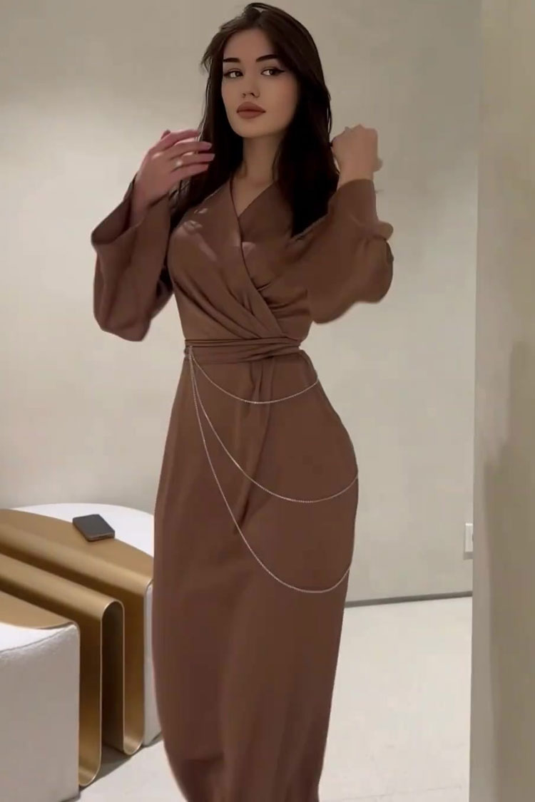 Luxury Wrap V Neck Rhinestone Chain Belted Silky Satin Maxi Dress - Brown Fashionpara
