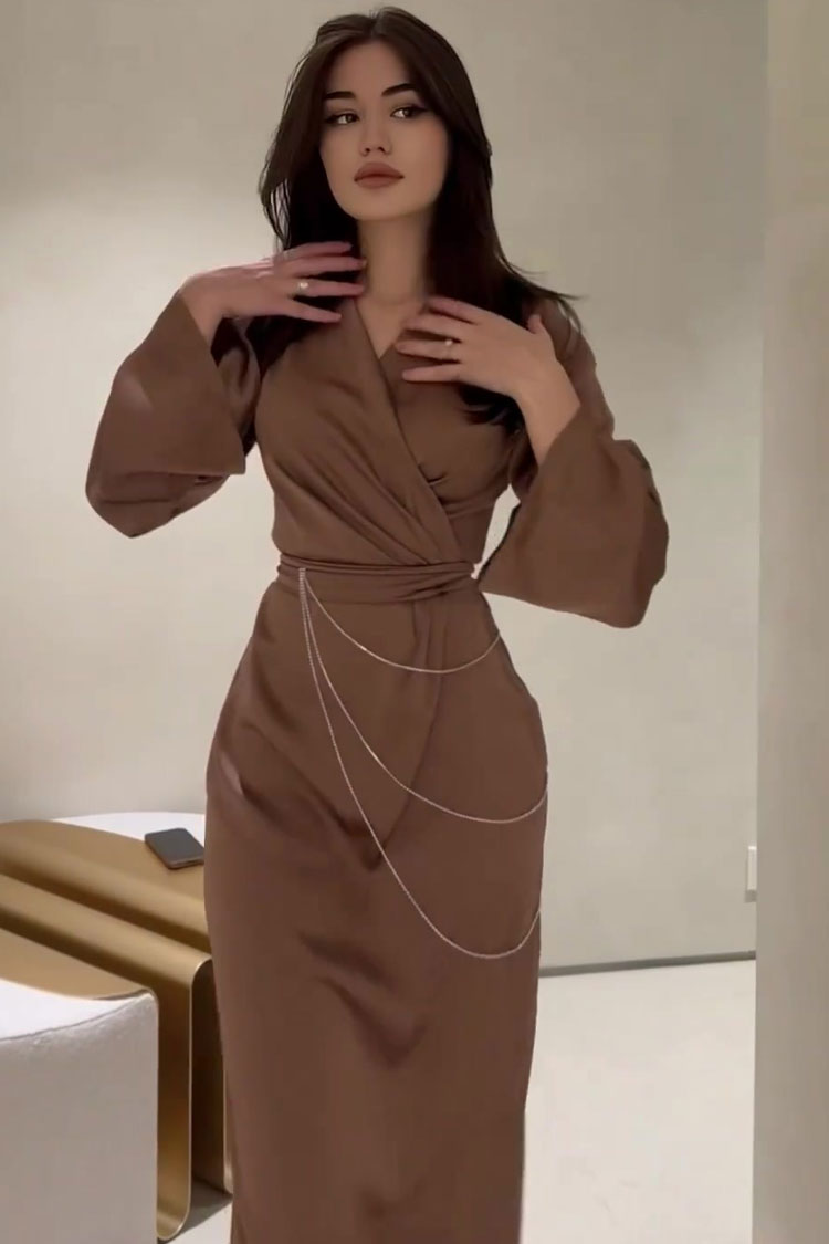 Luxury Wrap V Neck Rhinestone Chain Belted Silky Satin Maxi Dress - Brown Fashionpara
