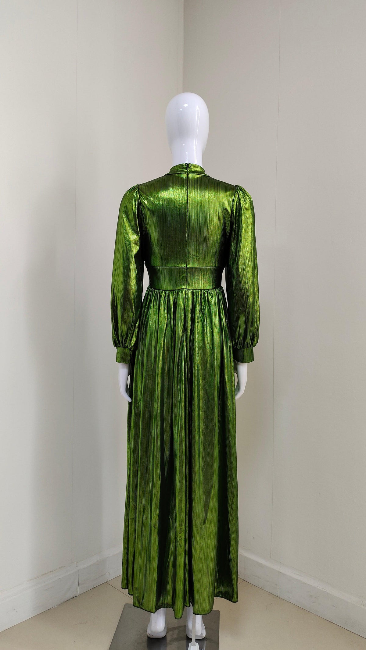 Shimmer High Neck Long Sleeve Ruched Slit Maxi Gown