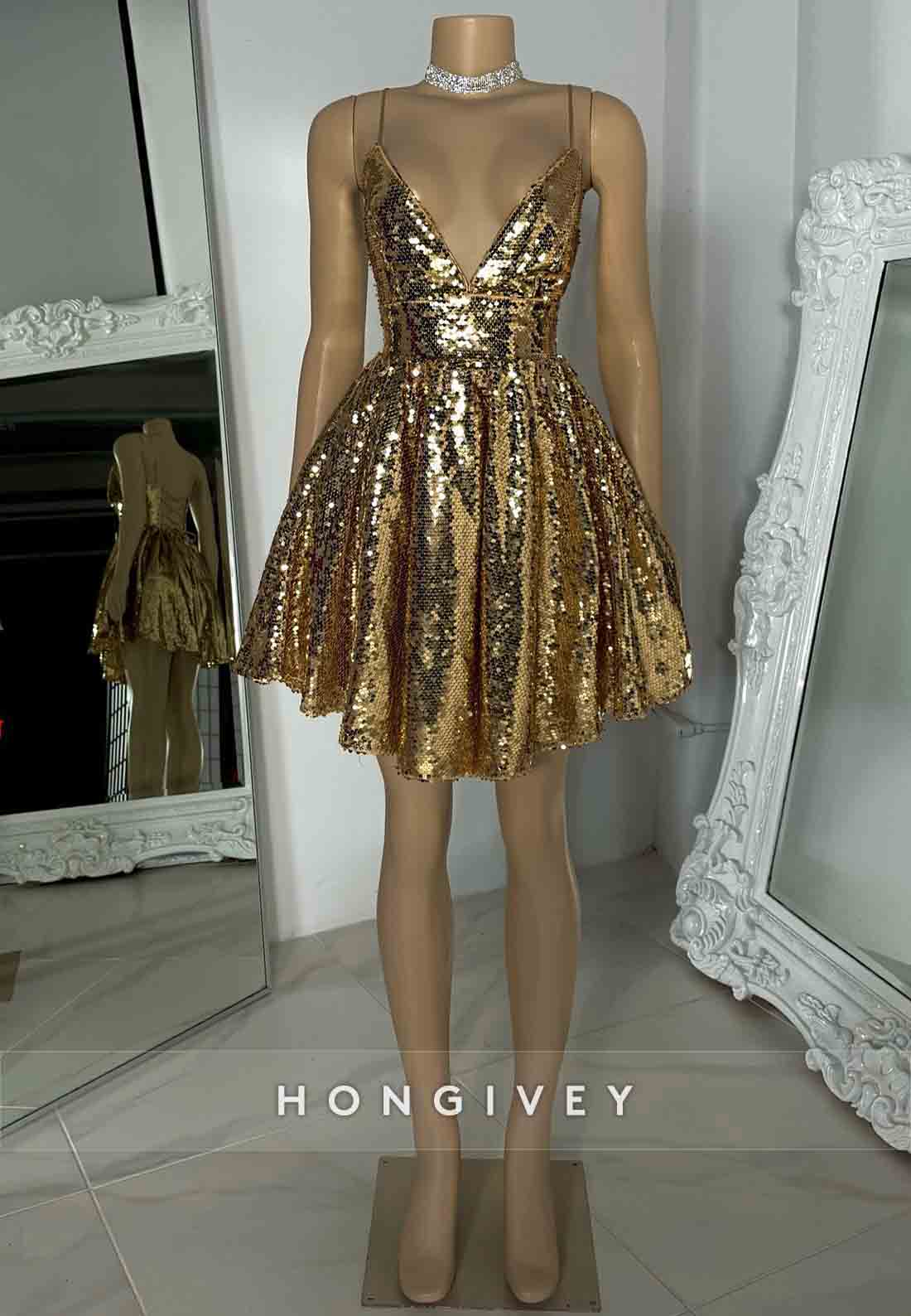 Low V-Neck Spaghetti Straps Sequined A-Line Short Pleated Homecoming Dresses