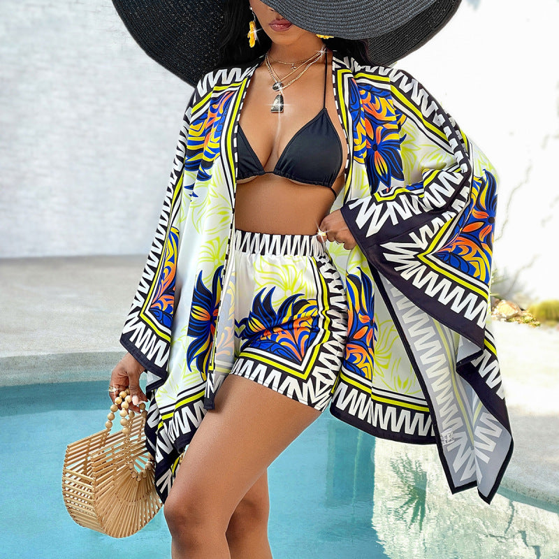 Women's casual printed cardigan shorts two-piece set - Fashionpara