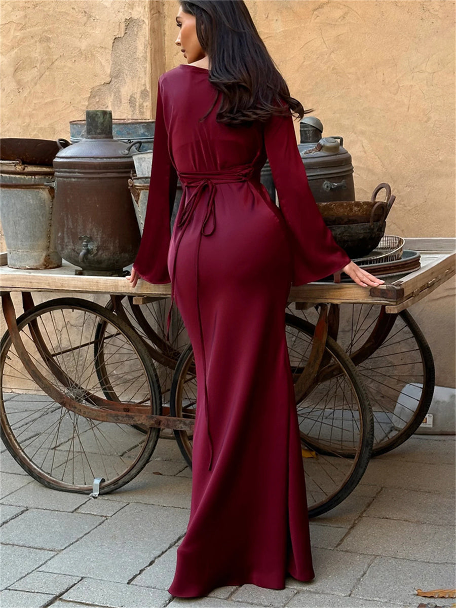 Satin Scoop Neck Bell Sleeve Ruched Waist Mermaid Maxi Dress - View 3