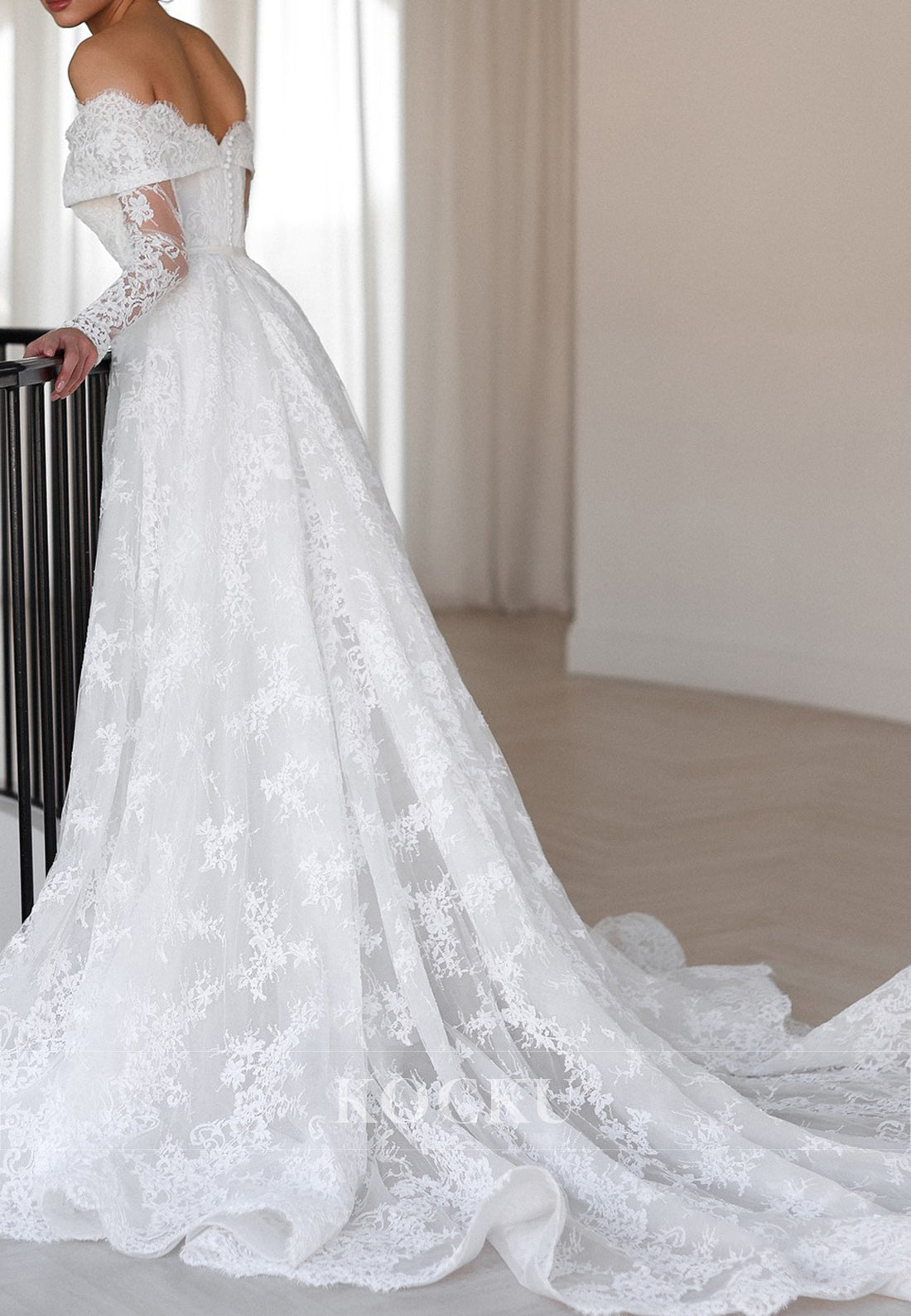 Elegant Off - Shoulder Lace Wedding Dress with Sheer Long Sleeves and Train