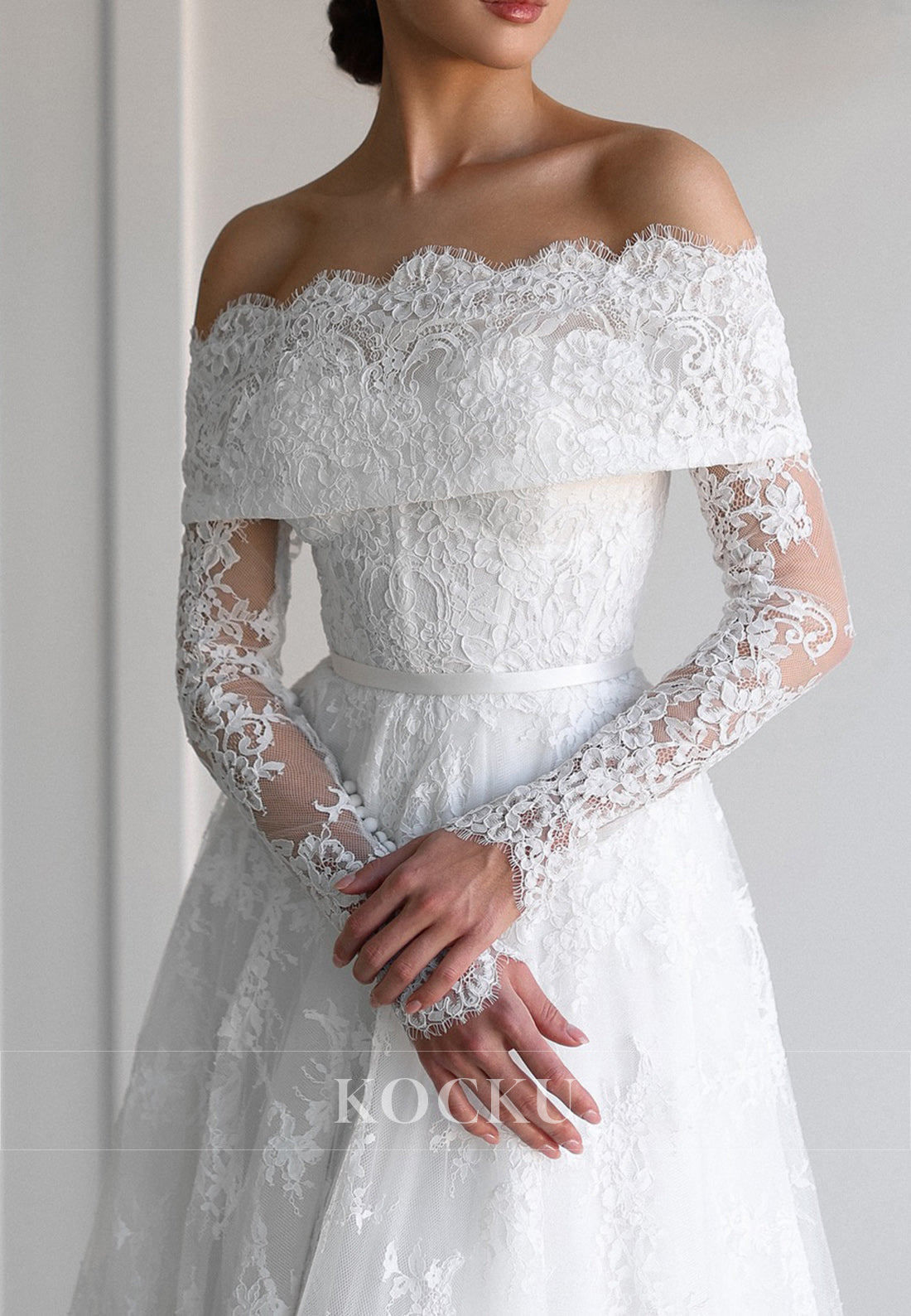 Elegant Off - Shoulder Lace Wedding Dress with Sheer Long Sleeves and Train