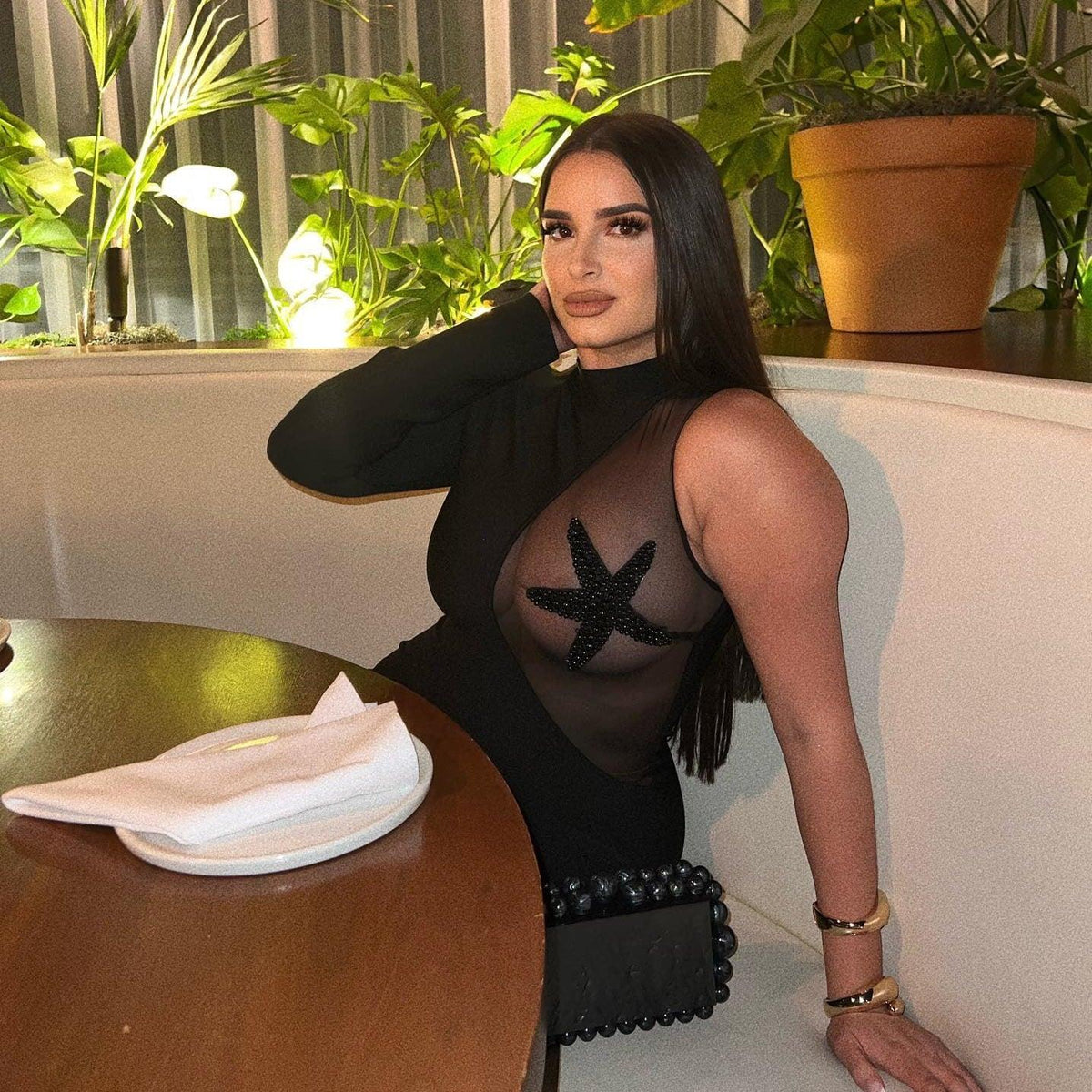 Mesh-Panel Crystal Starfish One-Sleeve Bodycon Mini Dress 10