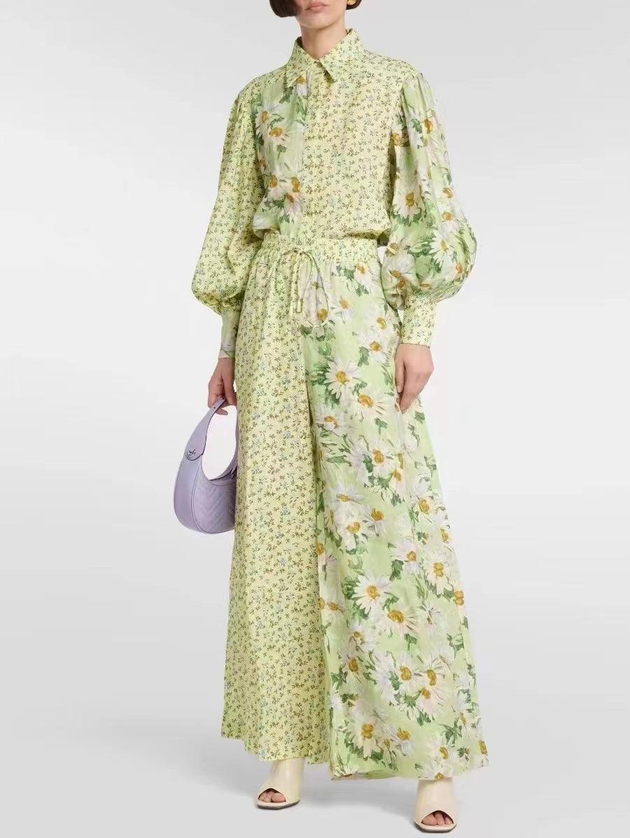 Maddie Floral Lantern Sleeve Blouses & Tie Strap Long Pants Set - Fashionpara