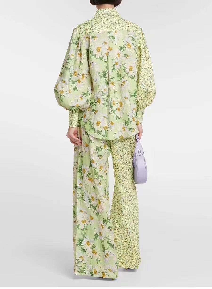 Maddie Floral Lantern Sleeve Blouses & Tie Strap Long Pants Set - Fashionpara