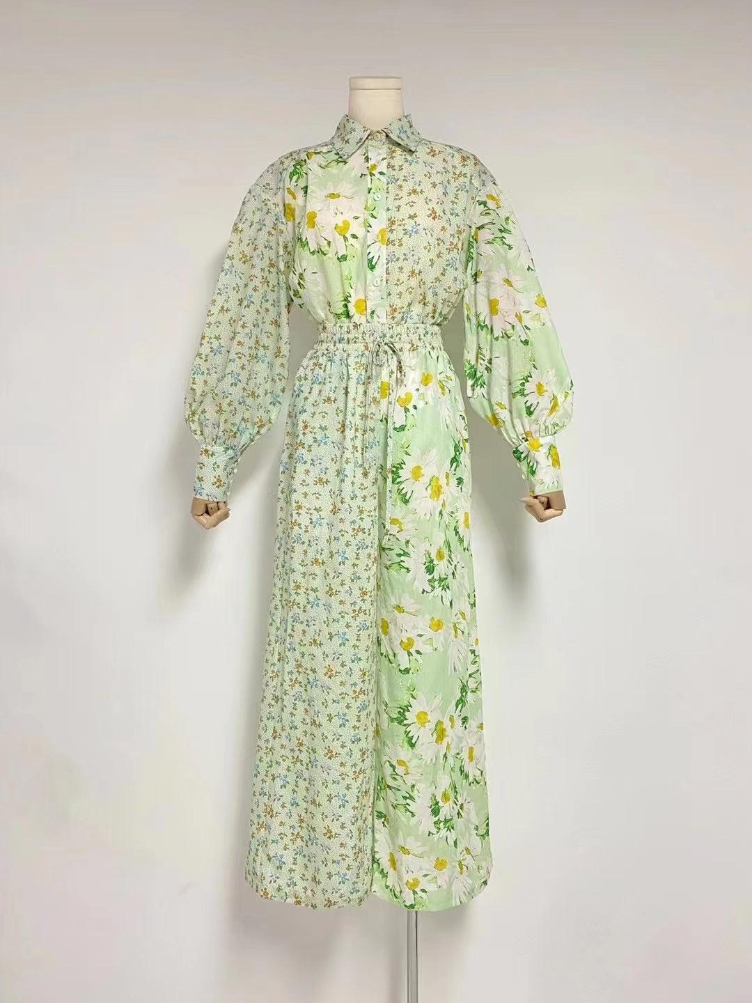 KittenAlarm - Maddie Floral Lantern Sleeve Blouses & Tie Strap Long Pants Set