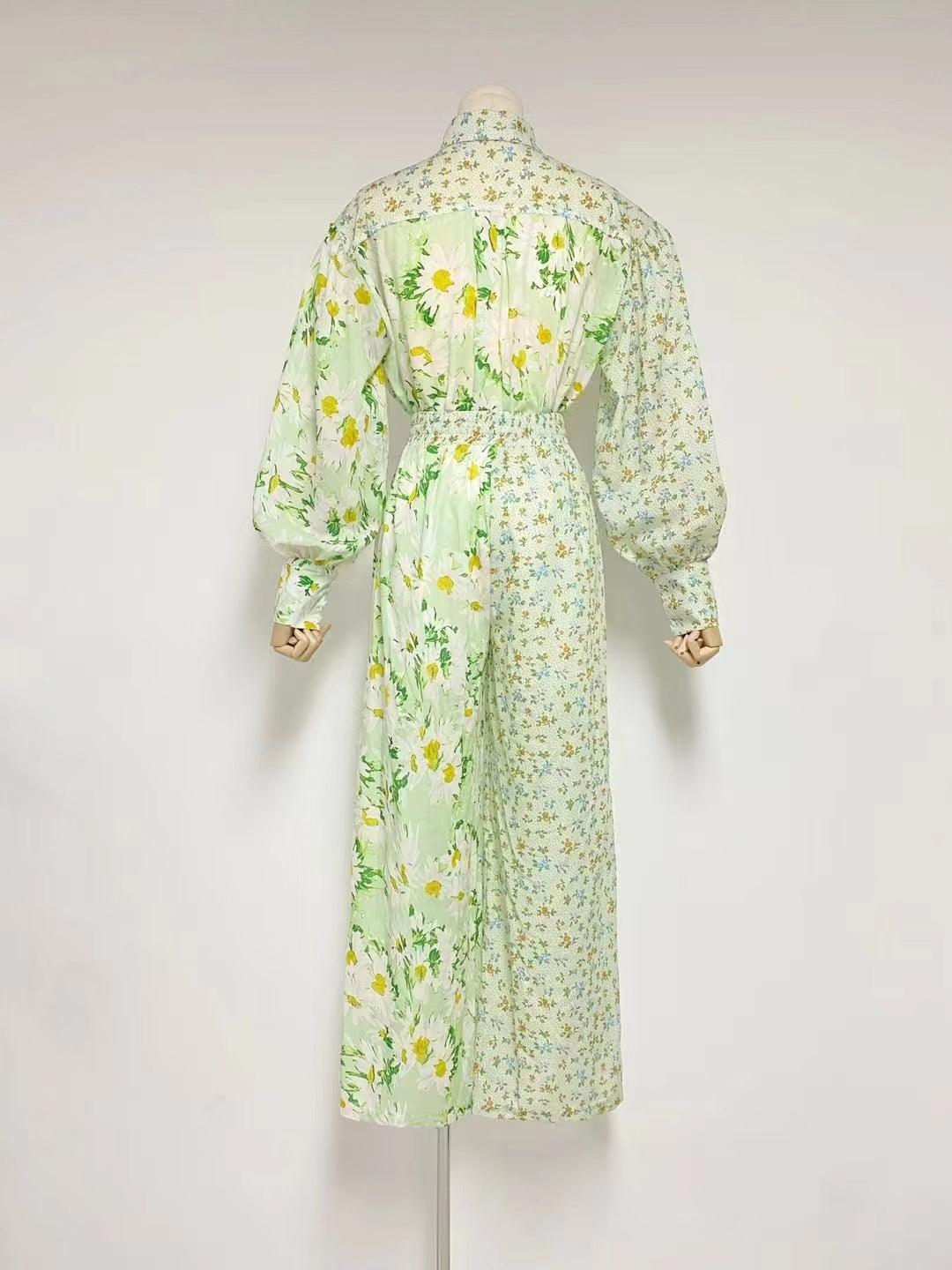KittenAlarm - Maddie Floral Lantern Sleeve Blouses & Tie Strap Long Pants Set
