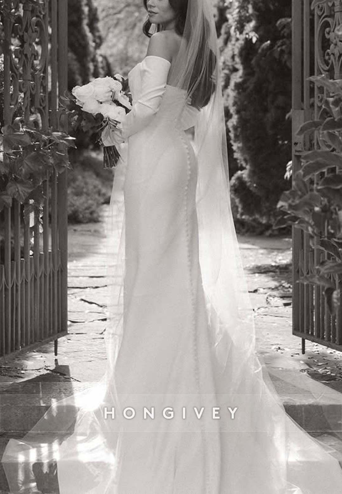 Off the Shoulder Pleated Trumpet Court Train Long Sleeve Wedding Dresses
