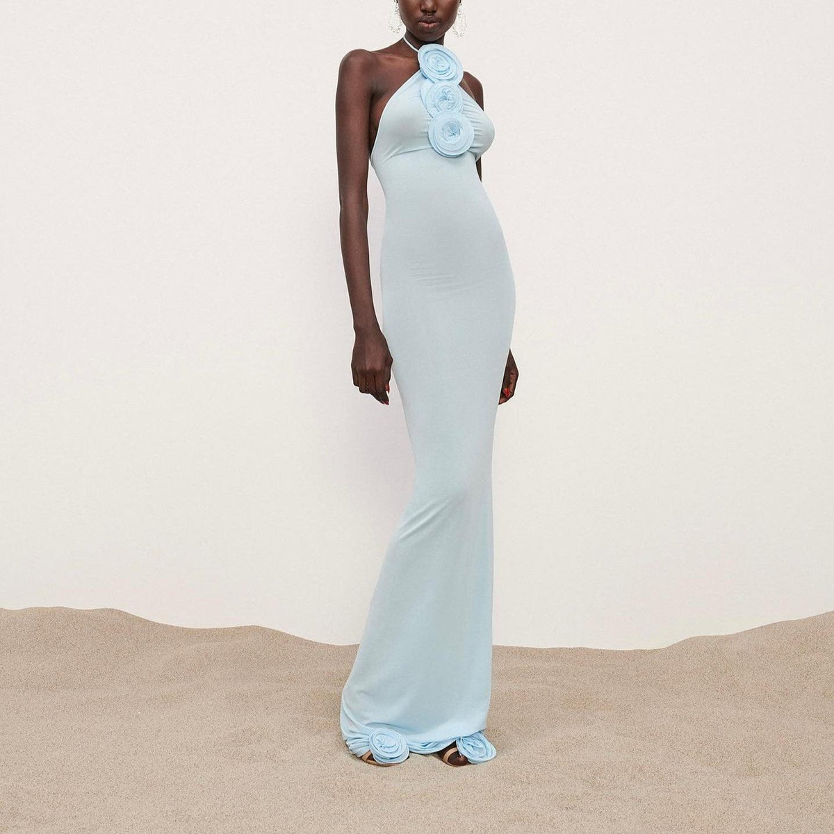 3D Rosette Halter Neck Bodycon Fishtail Maxi Dress 5