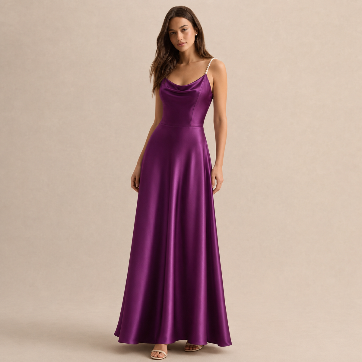 Cowl Neck Pearl Strap Satin Maxi Dress 21