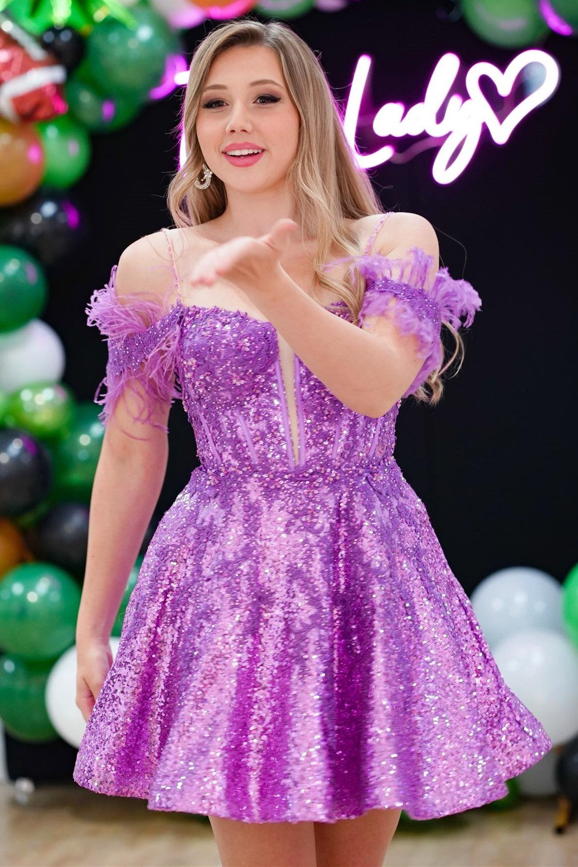 Magenta Sequin Feathered Cold-Shoulder A-Line Short Homecoming Dress - Fashionpara