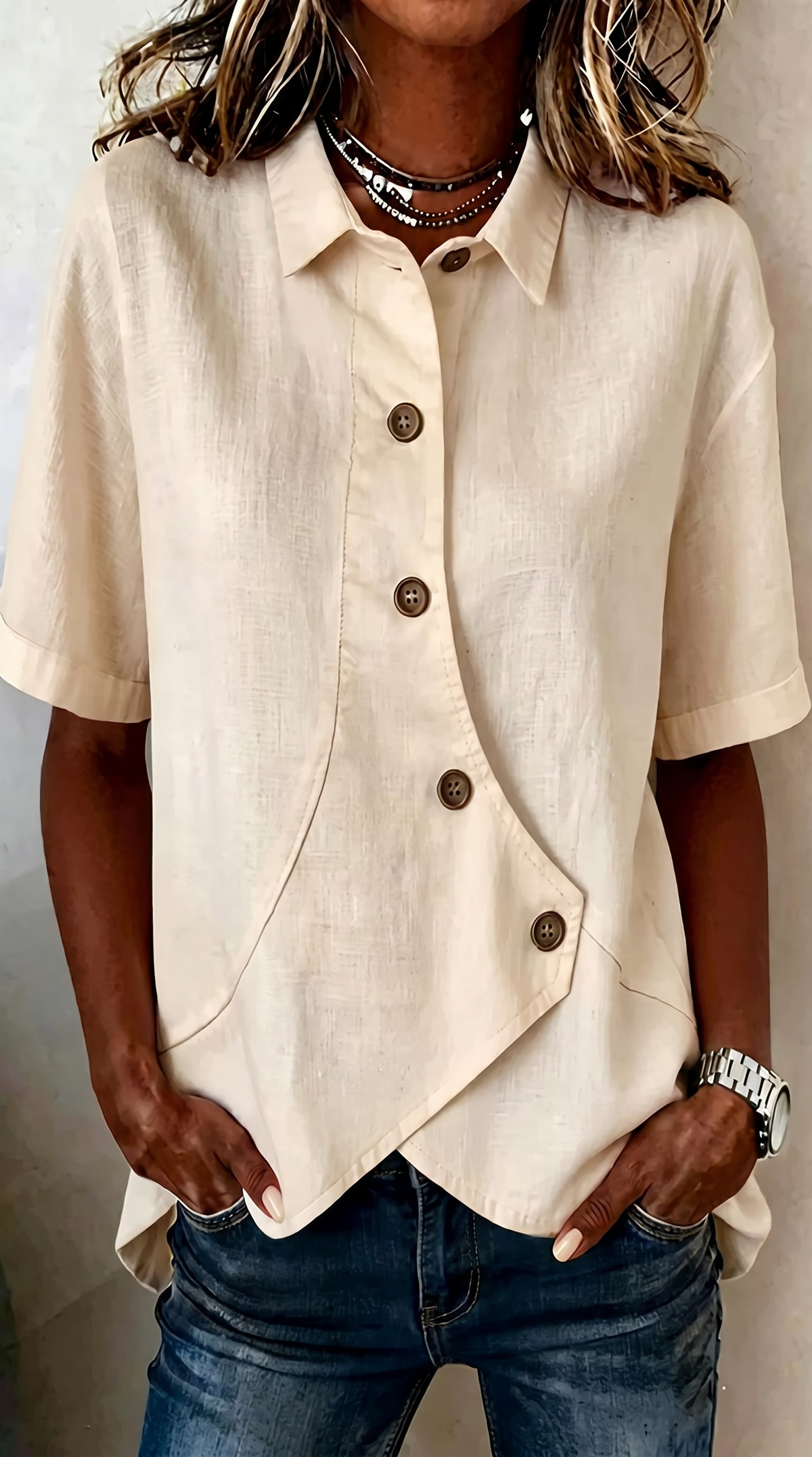 Asymmetric Button Front Collared Short Sleeve Linen Blouse 5