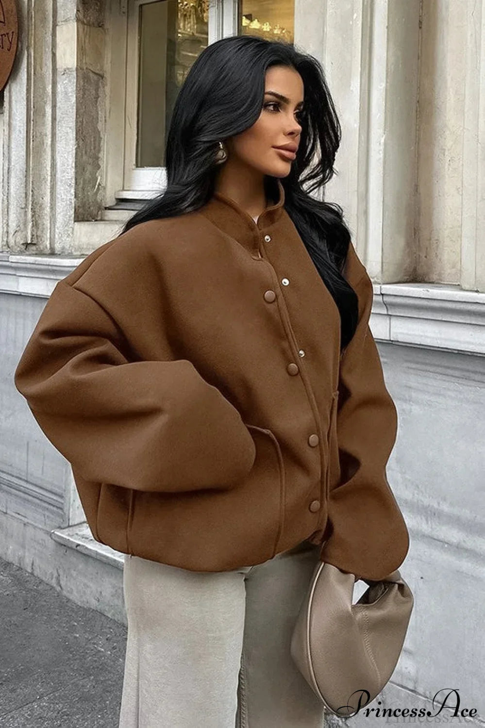 Maillard Brown Thickened Mid-Length Stand-Collar Woolen Jacket