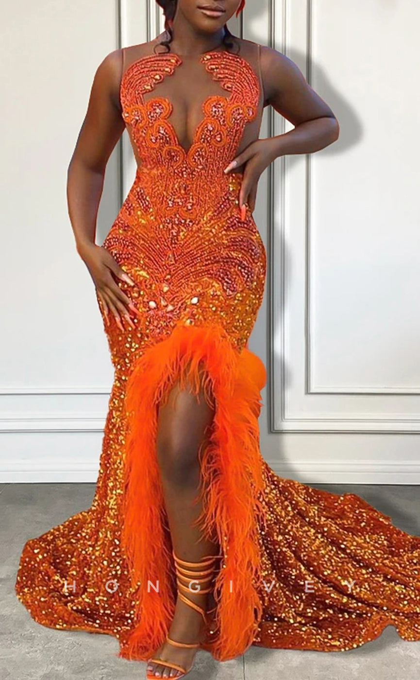 L2911 - Chic Trumpet Beaded Sequined Feathers Party Prom Evening Dress For Black Women - Fashionpara
