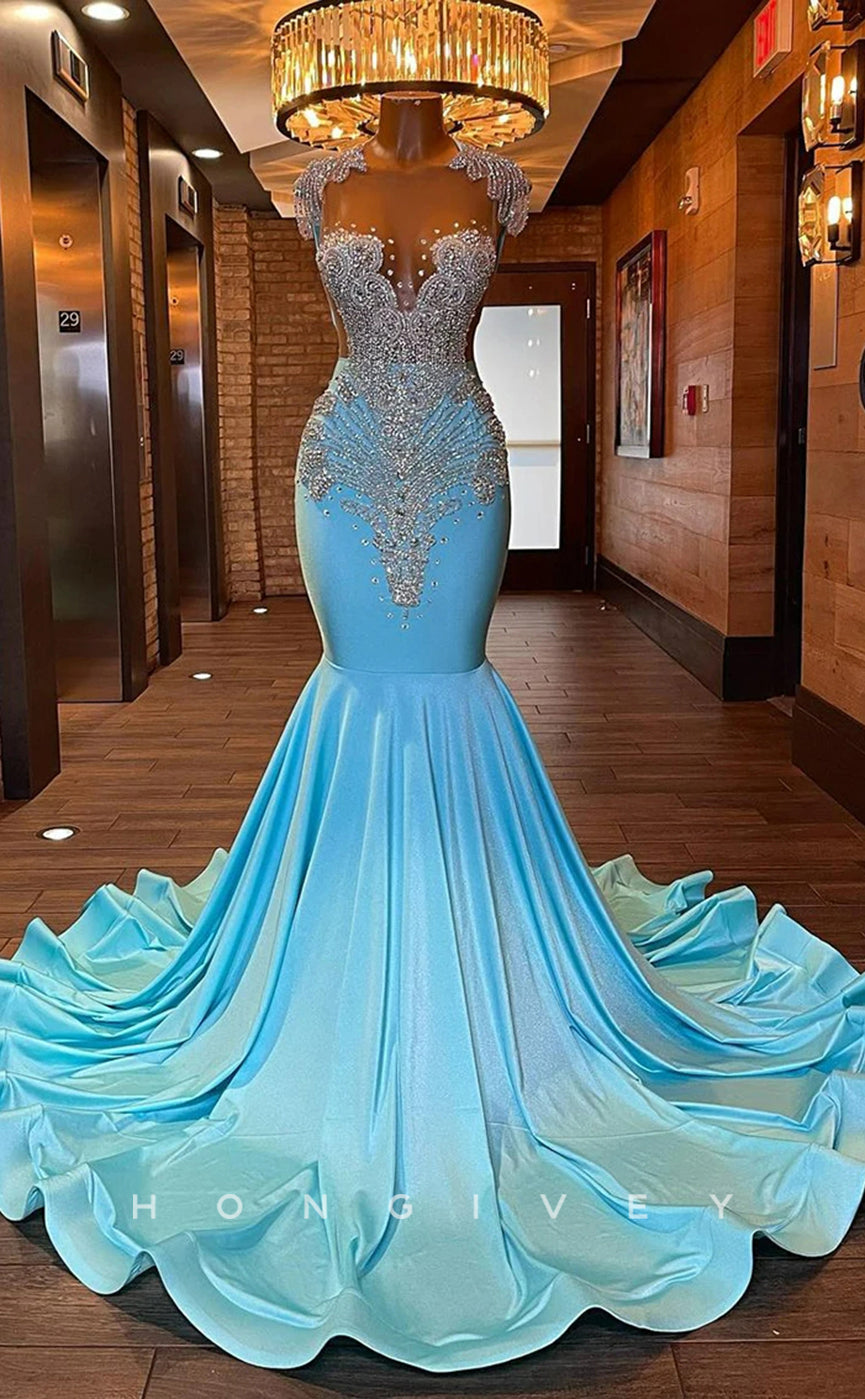 L2899 - Sparkly Trumpet Round Beaded Appliques Party Prom Evening Dress For Black Women - Fashionpara