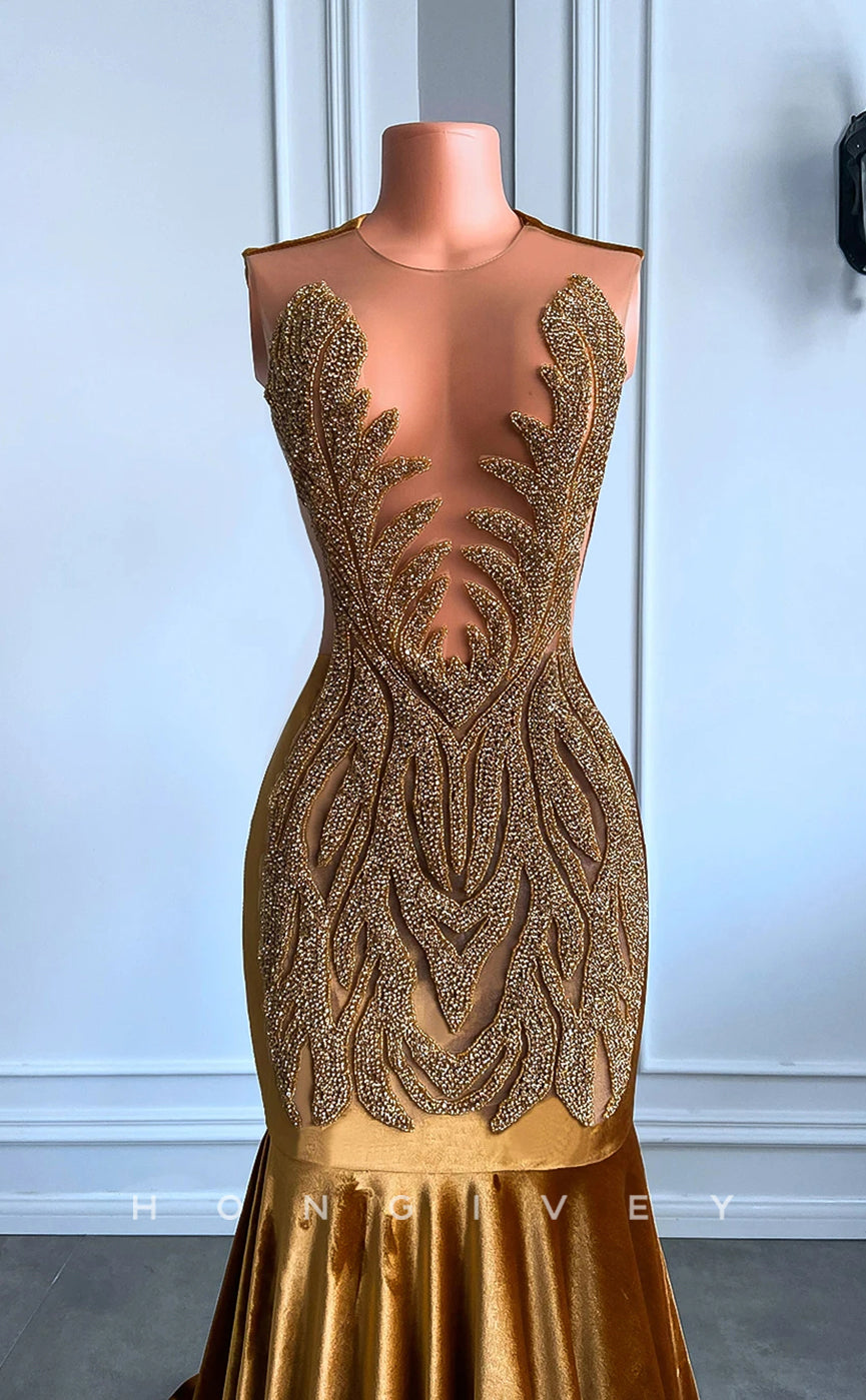 L2897 - Sheer Round Beaded Trumpet Party Prom Evening Dress For Black Women - Fashionpara