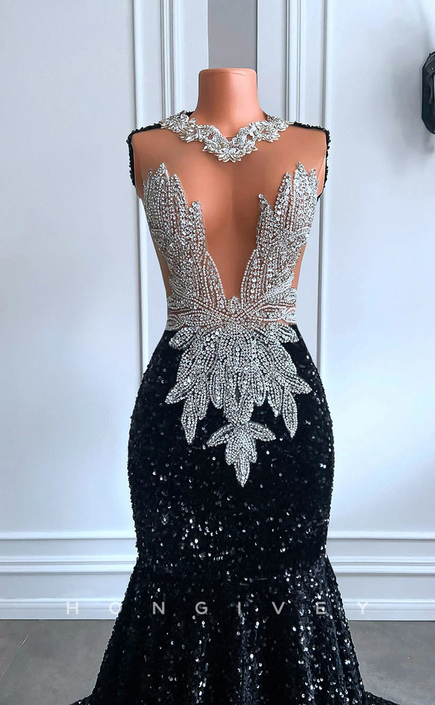 L2905 - Chic Trumpet Illusion Beaded Sequined Party Prom Evening Dress For Black Women - Fashionpara