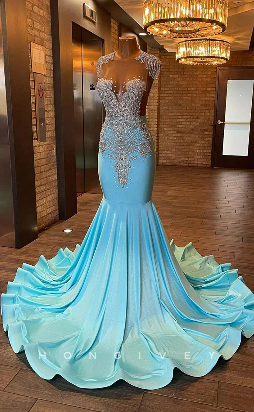 L2899 - Sparkly Trumpet Round Beaded Appliques Party Prom Evening Dress For Black Women - Fashionpara