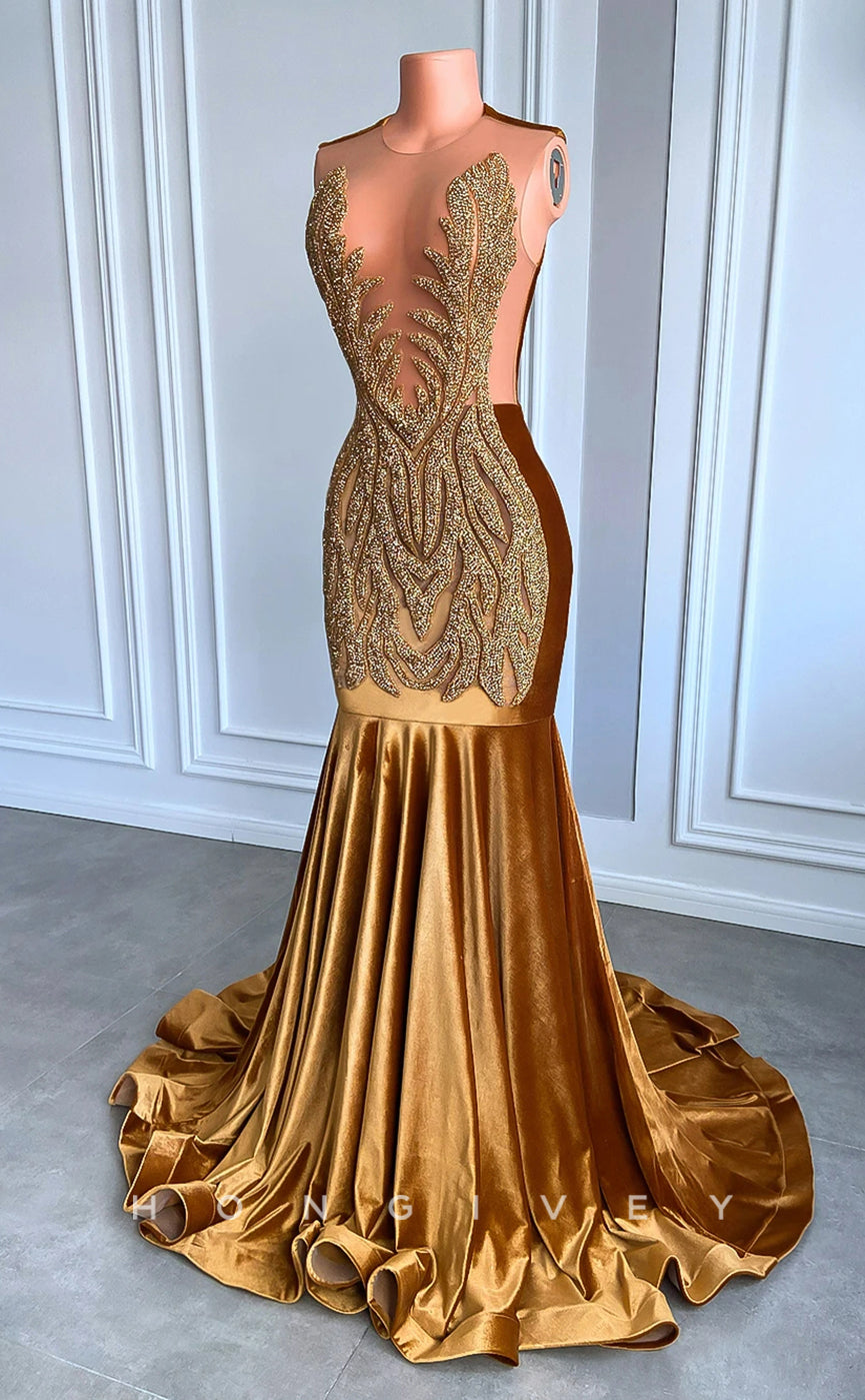 L2897 - Sheer Round Beaded Trumpet Party Prom Evening Dress For Black Women - Fashionpara