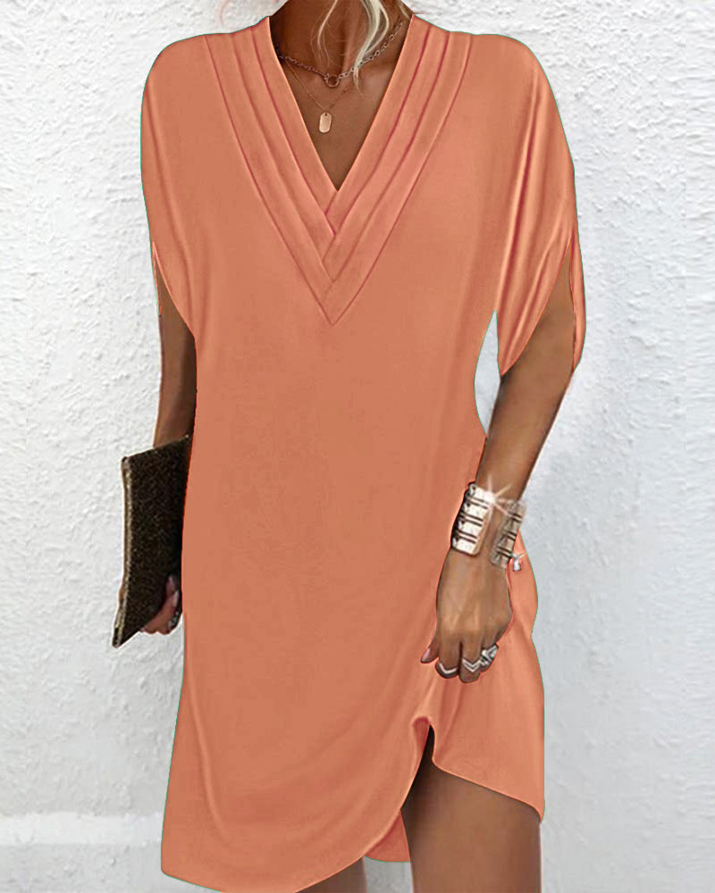 Deep V-Neck Layered Pleated Collar Batwing Sleeve Shift Mini Dress - View 4