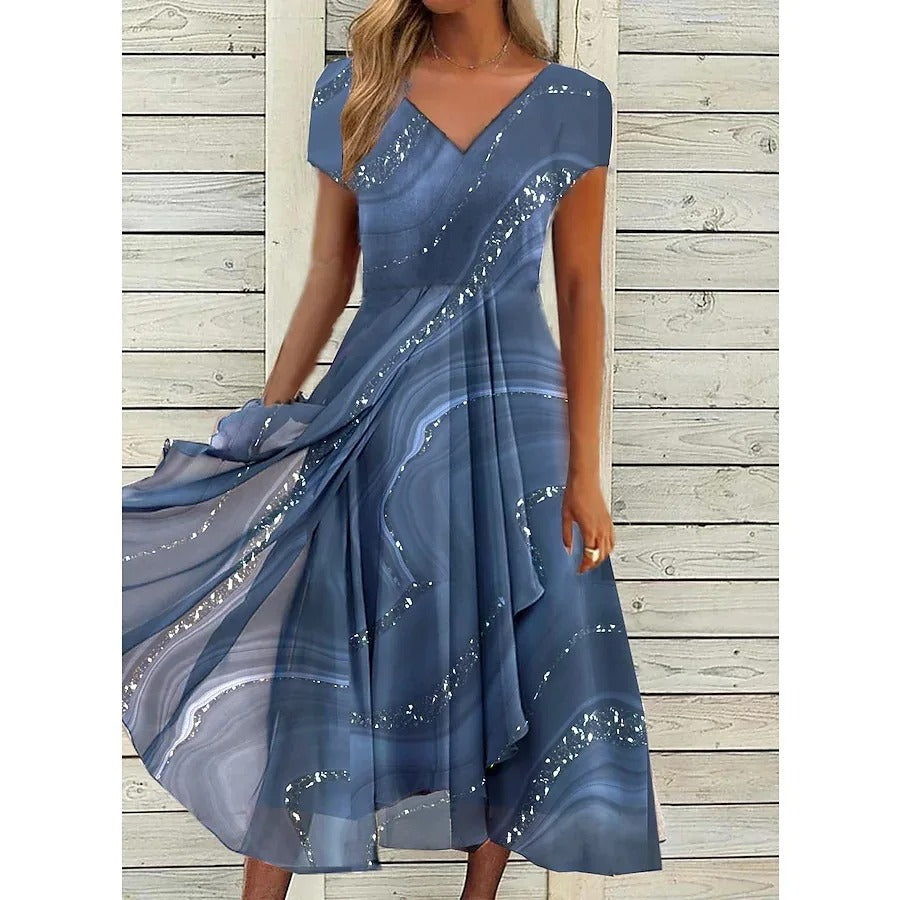 Marble Print V-Neck Short Sleeve High Low Chiffon Midi Dress