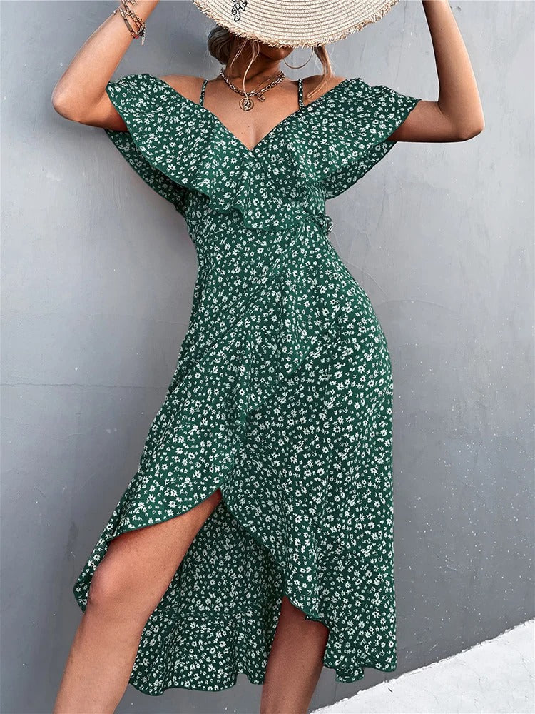 Floral Print Cold Shoulder Ruffle Wrap Midi Dress