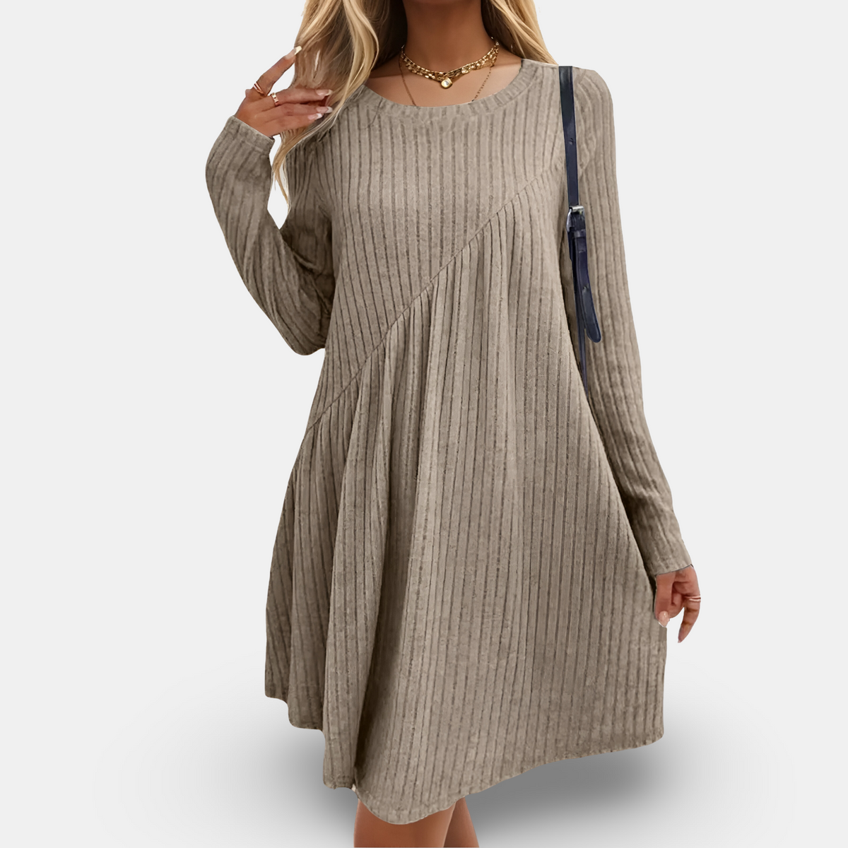 Ribbed Knit Long Sleeve Crew Neck Asymmetric Seam Flare Mini Dress