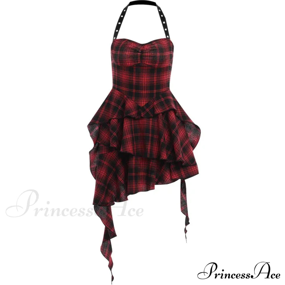 Mall Goth Lolita Red Plaid Streetwear Harajuku Punk Y2K E-girl High Waist IrRegular Gothic Dress