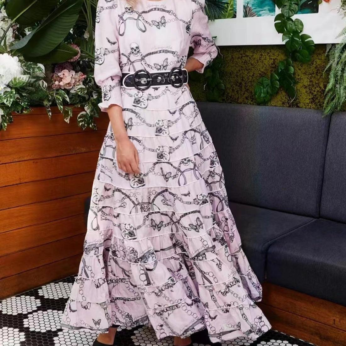 Chain Print Round Neck Long Sleeve Belted Tiered Maxi Dress