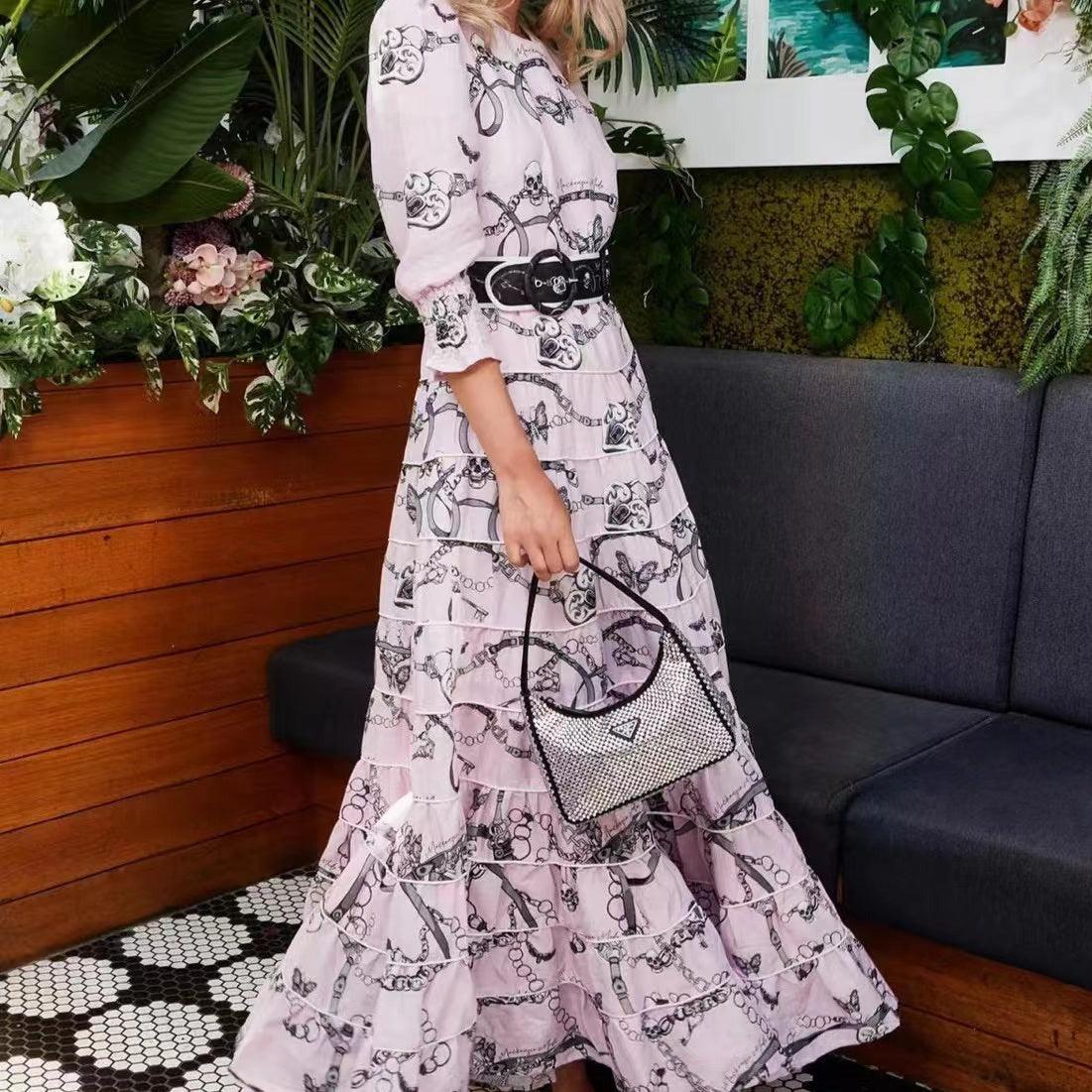 Chain Print Round Neck Long Sleeve Belted Tiered Maxi Dress
